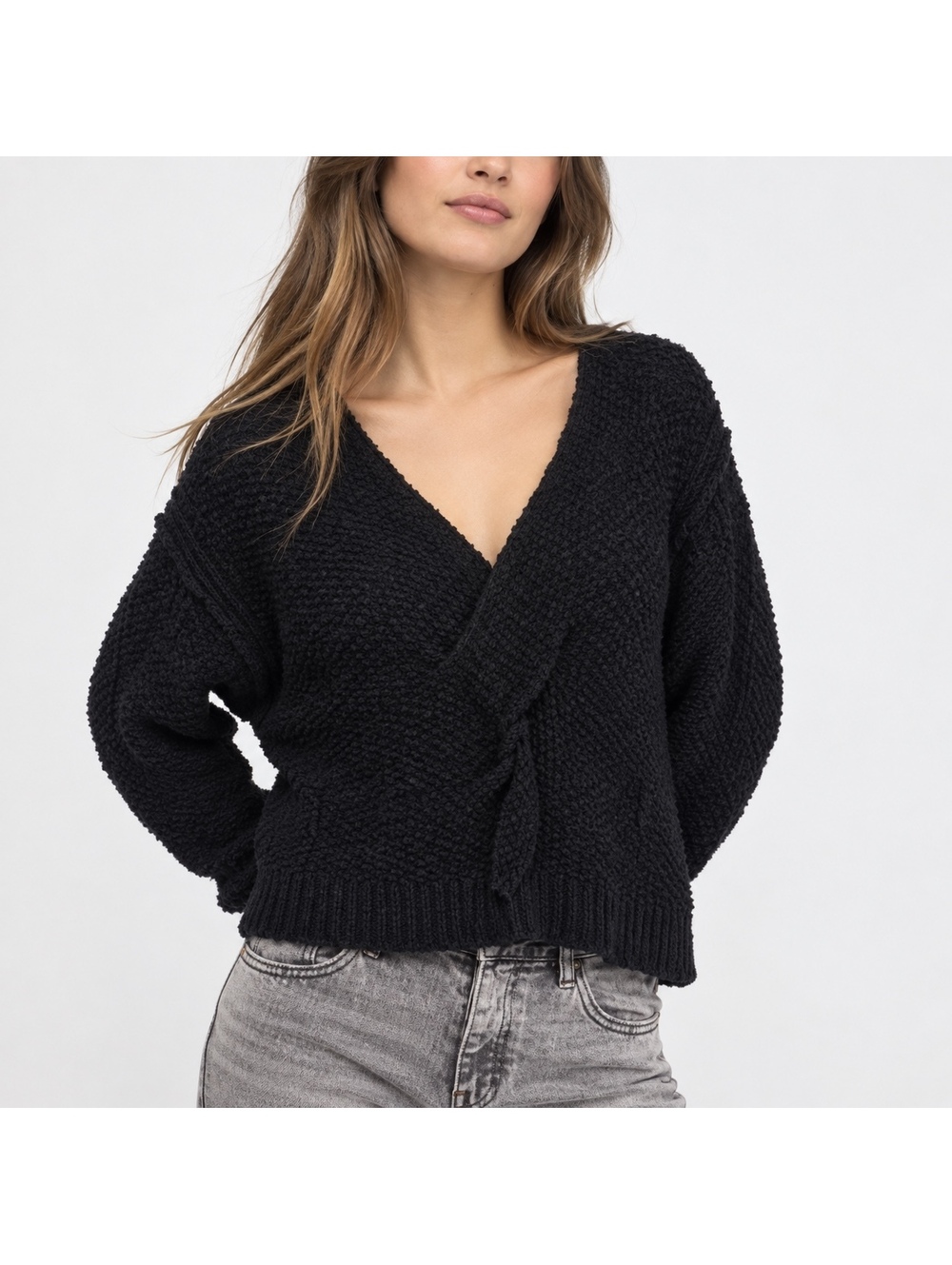 Free People Women’s XS Black Wrap Tie Front Chunky Knit Cropped Sweater